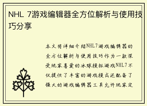 NHL 7游戏编辑器全方位解析与使用技巧分享